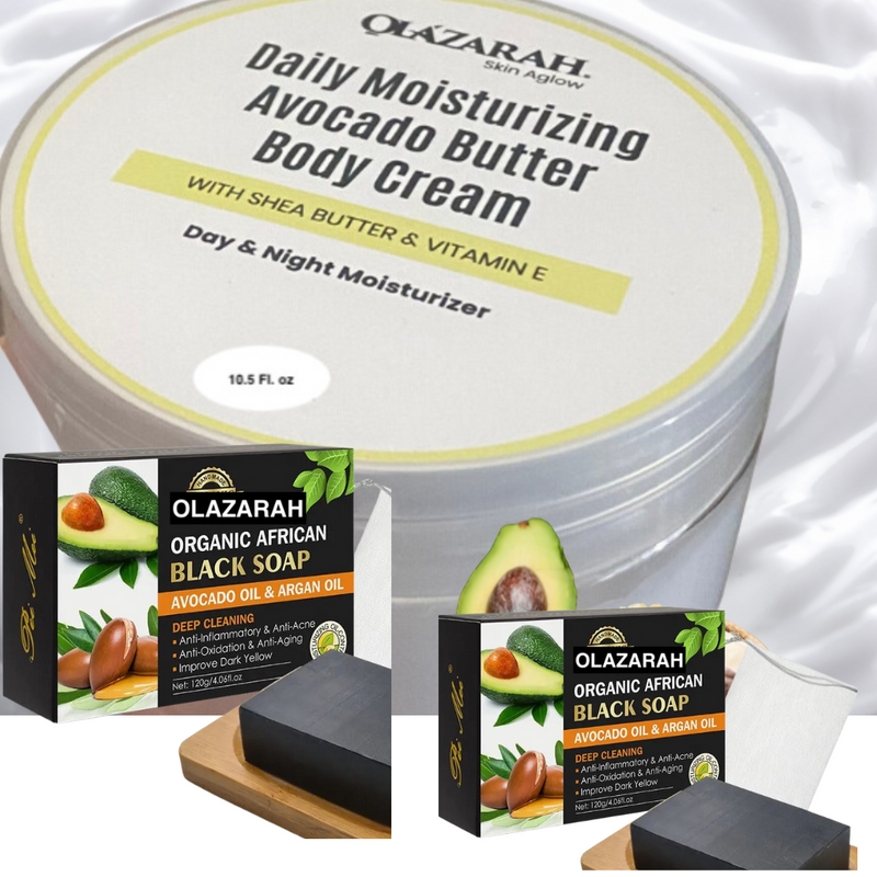 Avocado Butter Body Cream w/Shea Butter and Natural African Black Soap Infused w/Avocado & Argan Oil(bundle) for all skin types, 12 oz