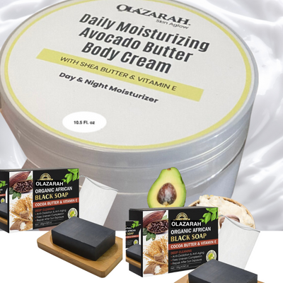 Avocado Butter Body Cream w/Shea Butter + Natural African Black Soap Infused with Cocoa Butter & Vit. E for Revitalizing Skin Nourishment Bundle, for all skin types, 12 oz
