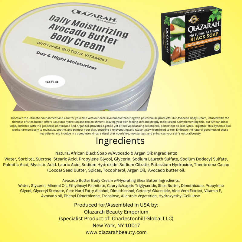 Avocado Butter Body Cream w/Shea Butter and Natural African Black Soap Infused w/Avocado & Argan Oil(bundle) for all skin types, 12 oz