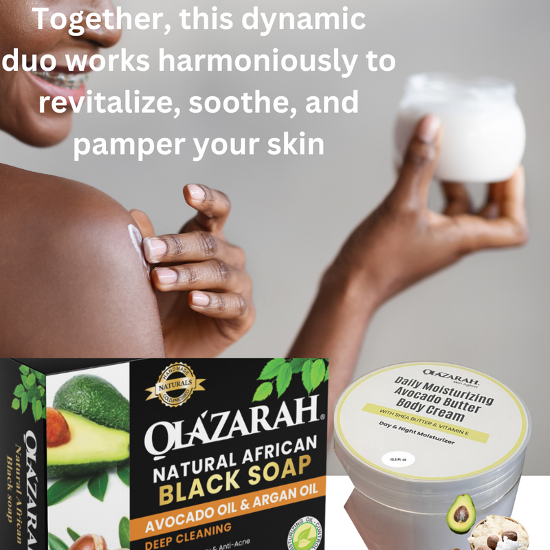 Avocado Butter Body Cream w/Shea Butter and Natural African Black Soap Infused w/Avocado & Argan Oil(bundle) for all skin types, 12 oz