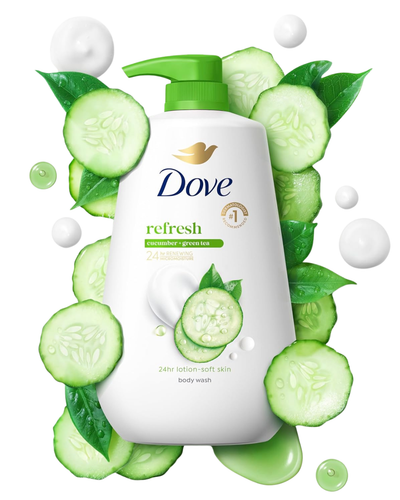 Dove Body Wash Refresh Cucumber and Green Tea for 24hr Lotion-Soft Skin Moisturizing Skin Cleanser, No Sulfates No Parabens 30.6 oz