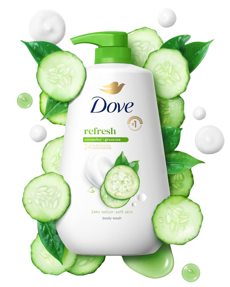 Dove Body Wash Refresh Cucumber and Green Tea for 24hr Lotion-Soft Skin Moisturizing Skin Cleanser, No Sulfates No Parabens 30.6 oz