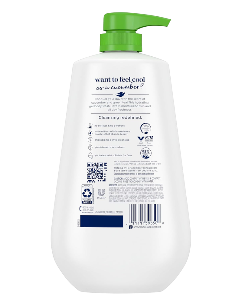 Dove Body Wash Refresh Cucumber and Green Tea for 24hr Lotion-Soft Skin Moisturizing Skin Cleanser, No Sulfates No Parabens 30.6 oz