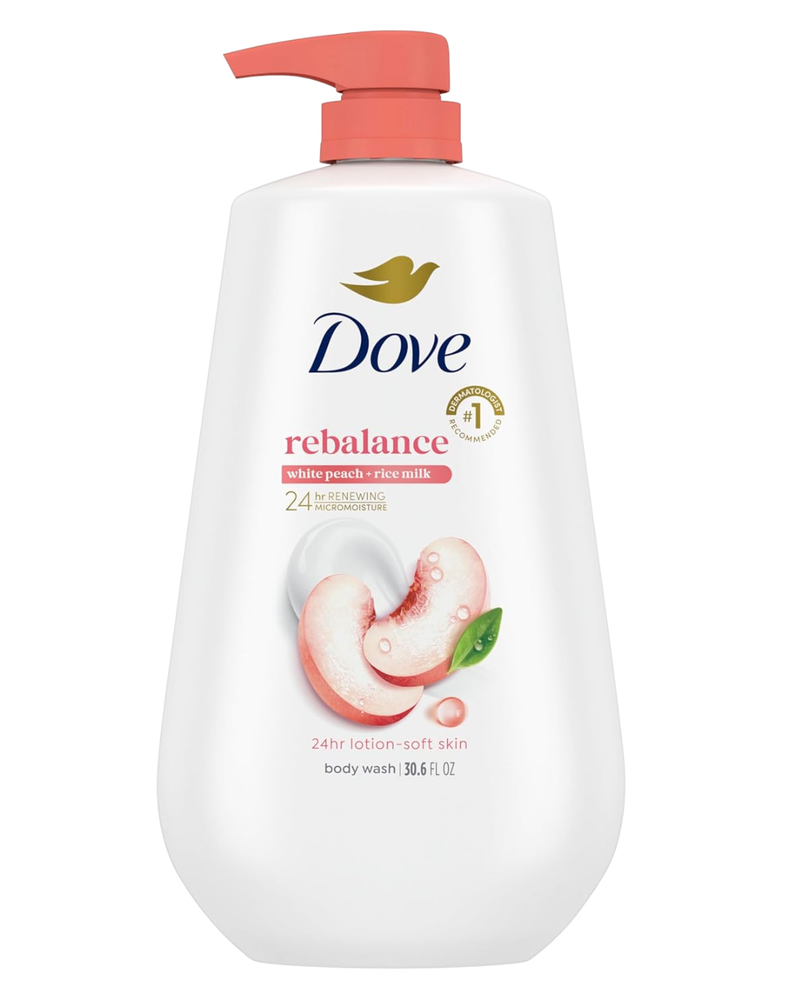 Dove Rebalance Body Wash White Peach & Rice Milk for 24-hour Lotion-Soft Moisture, Sulfate-free, Paraben-Free Formula, 30.6 fl. oz