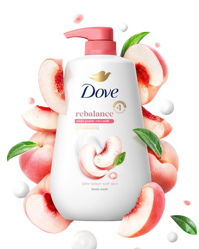 Dove Rebalance Body Wash White Peach & Rice Milk for 24-hour Lotion-Soft Moisture, Sulfate-free, Paraben-Free Formula, 30.6 fl. oz
