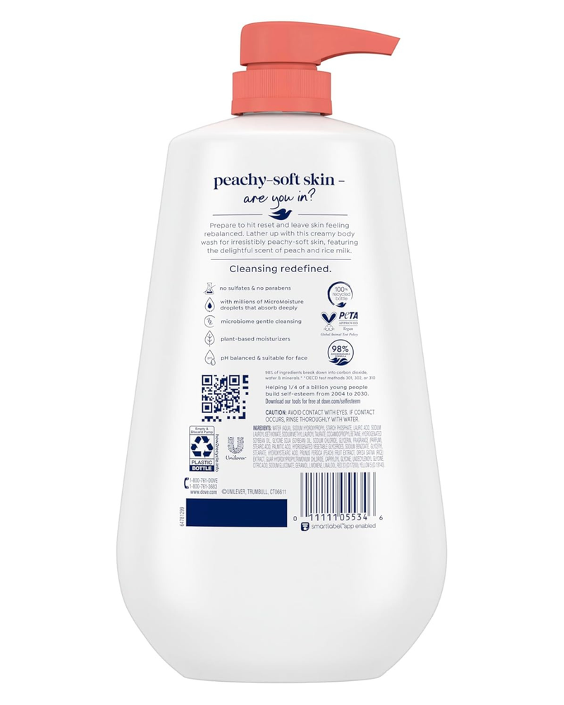 Dove Rebalance Body Wash White Peach & Rice Milk for 24-hour Lotion-Soft Moisture, Sulfate-free, Paraben-Free Formula, 30.6 fl. oz