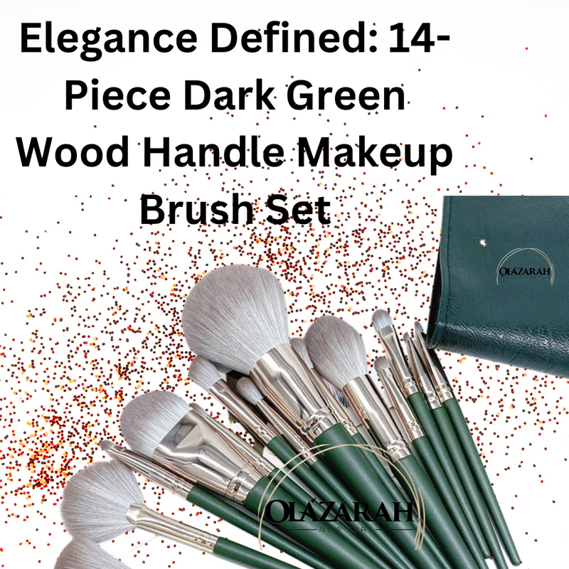 Makeup Brush Set, Elegance Defined: 14-Piece Dark Green Wood Handle Makeup Brush Set in Soft Green Leather Pouch , 2 oz