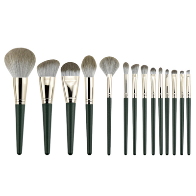 Makeup Brush Set, Elegance Defined: 14-Piece Dark Green Wood Handle Makeup Brush Set in Soft Green Leather Pouch , 2 oz