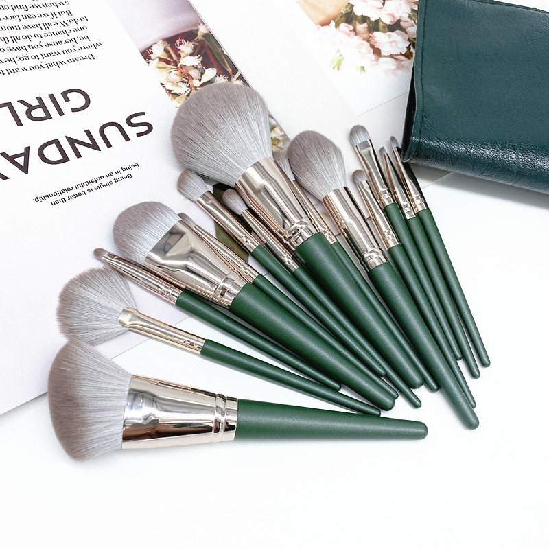 Makeup Brush Set, Elegance Defined: 14-Piece Dark Green Wood Handle Makeup Brush Set in Soft Green Leather Pouch , 2 oz