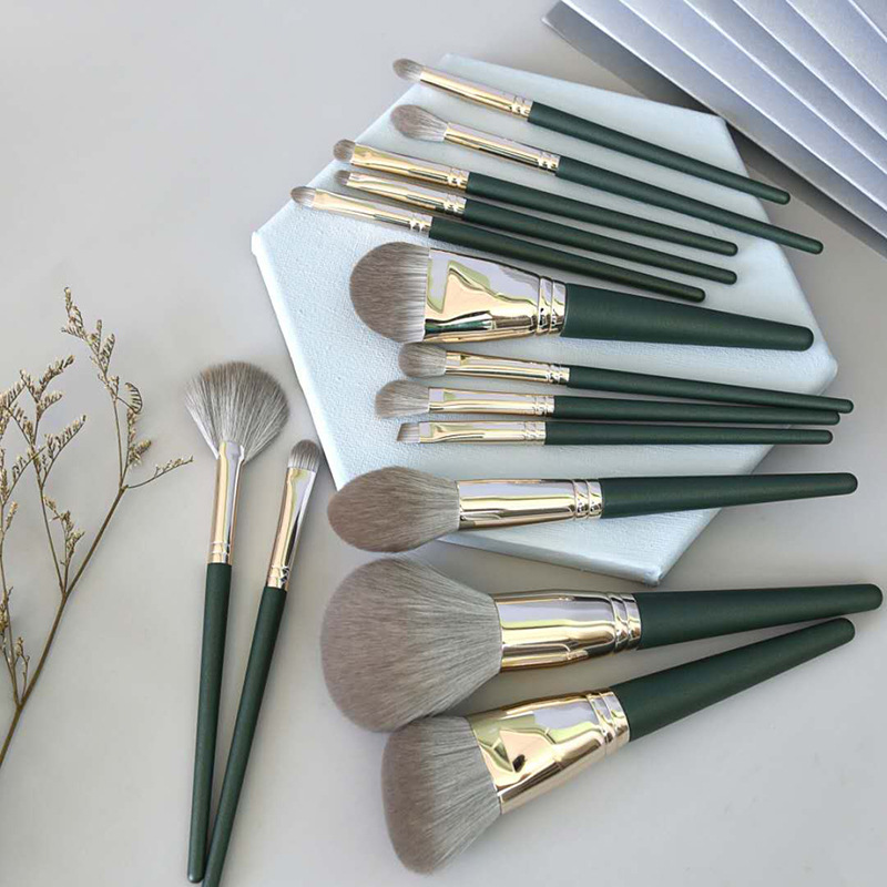 Makeup Brush Set, Elegance Defined: 14-Piece Dark Green Wood Handle Makeup Brush Set in Soft Green Leather Pouch , 2 oz